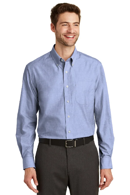 Port Authority Mens Easy Care Wrinkle Resistant Long Sleeve Button Down Shirt w/ Pocket - Chambray Blue