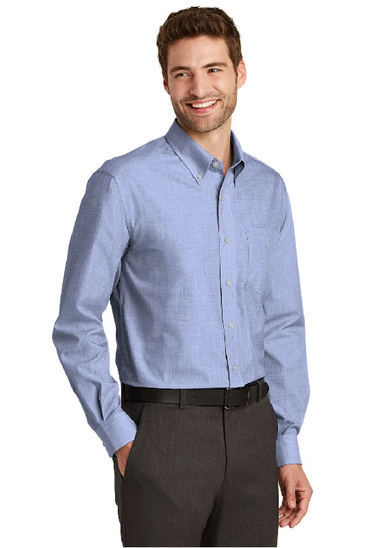 Port Authority Mens Easy Care Wrinkle Resistant Long Sleeve Button Down Shirt w/ Pocket - Chambray Blue