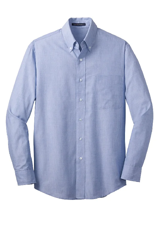 Port Authority Mens Easy Care Wrinkle Resistant Long Sleeve Button Down Shirt w/ Pocket - Chambray Blue