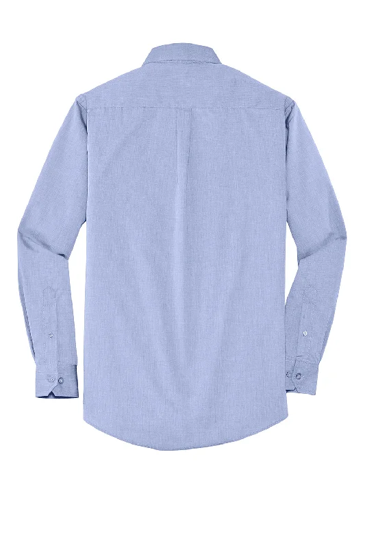 Port Authority Mens Easy Care Wrinkle Resistant Long Sleeve Button Down Shirt w/ Pocket - Chambray Blue