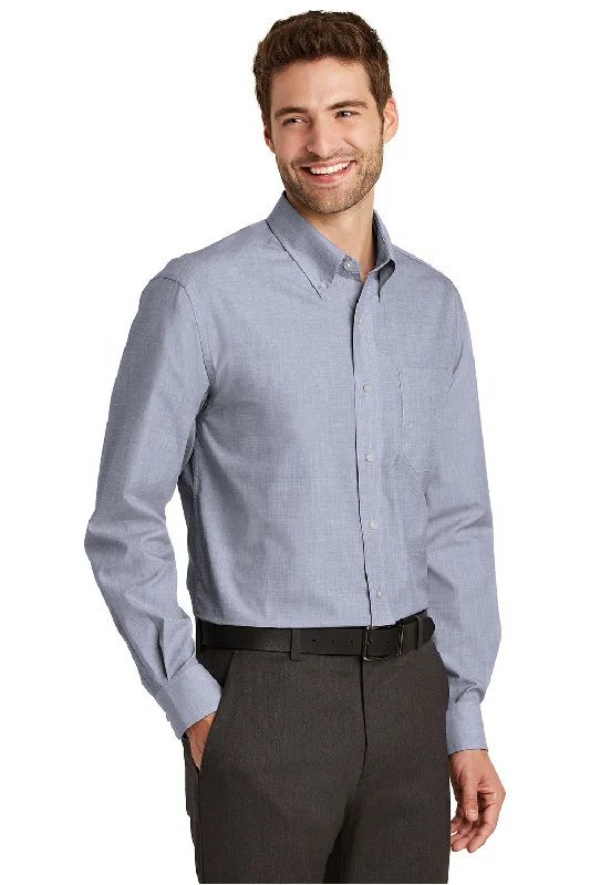 Port Authority Mens Easy Care Wrinkle Resistant Long Sleeve Button Down Shirt w/ Pocket - Navy Blue Frost