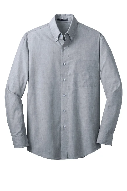 Port Authority Mens Easy Care Wrinkle Resistant Long Sleeve Button Down Shirt w/ Pocket - Navy Blue Frost