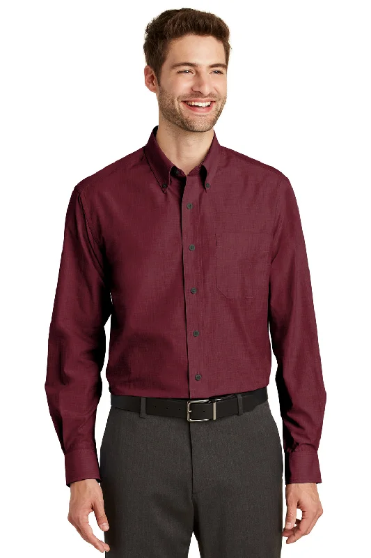 Port Authority Mens Easy Care Wrinkle Resistant Long Sleeve Button Down Shirt w/ Pocket - Red Oxide - Closeout