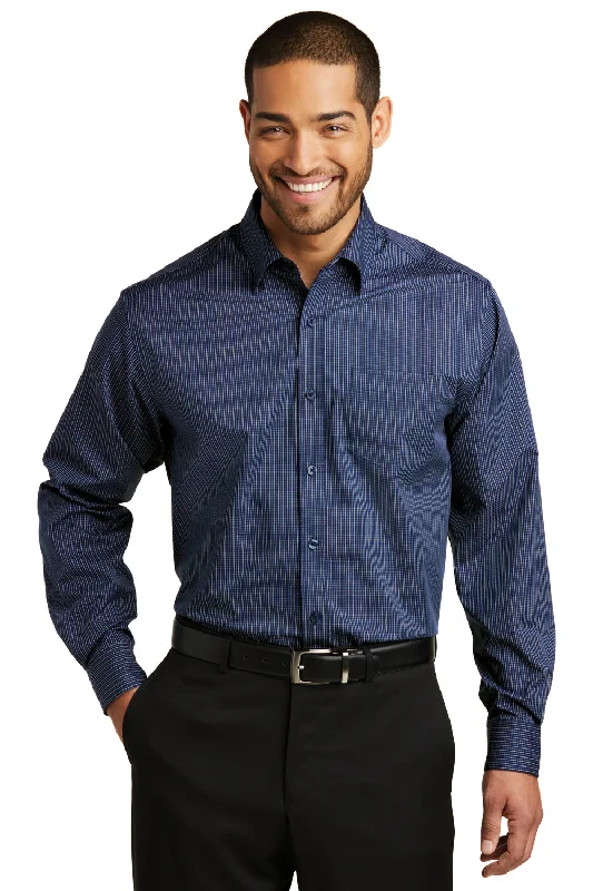 Port Authority Mens Easy Care Wrinkle Resistant Long Sleeve Button Down Shirt w/ Pocket - Navy Blue/Heritage Blue - Closeout