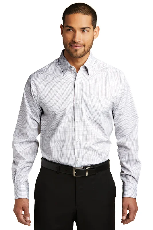 Port Authority Mens Easy Care Wrinkle Resistant Long Sleeve Button Down Shirt w/ Pocket - White/Dark Grey - Closeout