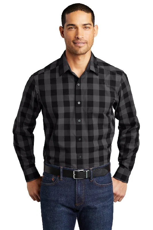 Port Authority Mens Everyday Plaid Long Sleeve Button Down Shirt - Black - Closeout