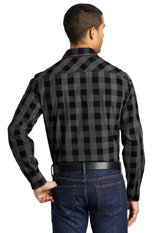 Port Authority Mens Everyday Plaid Long Sleeve Button Down Shirt - Black - Closeout