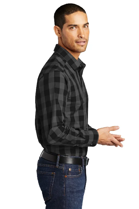 Port Authority Mens Everyday Plaid Long Sleeve Button Down Shirt - Black - Closeout