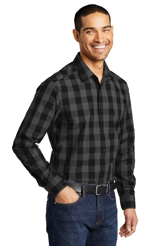 Port Authority Mens Everyday Plaid Long Sleeve Button Down Shirt - Black - Closeout