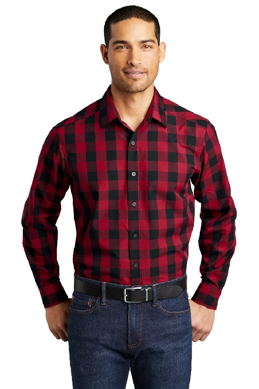 Port Authority Mens Everyday Plaid Long Sleeve Button Down Shirt - Rich Red