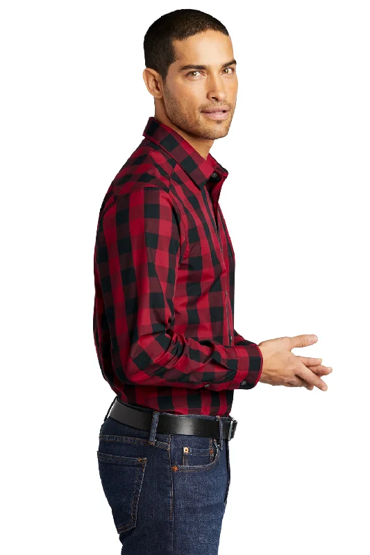 Port Authority Mens Everyday Plaid Long Sleeve Button Down Shirt - Rich Red