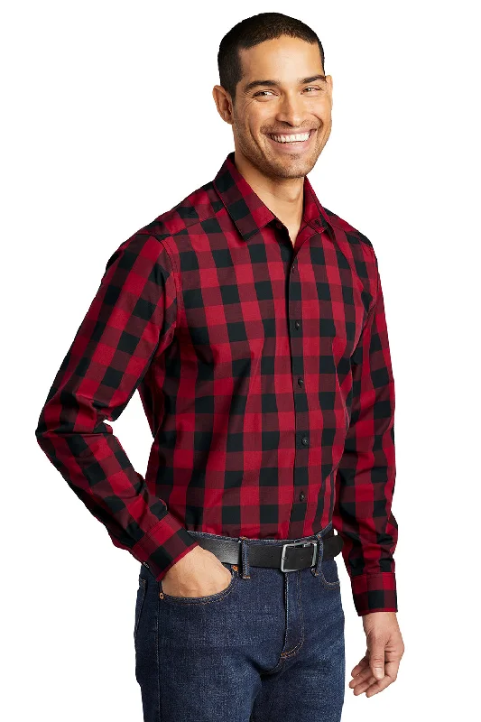 Port Authority Mens Everyday Plaid Long Sleeve Button Down Shirt - Rich Red