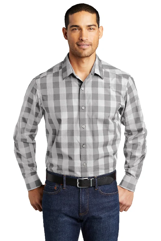 Port Authority Mens Everyday Plaid Long Sleeve Button Down Shirt - Shadow Grey