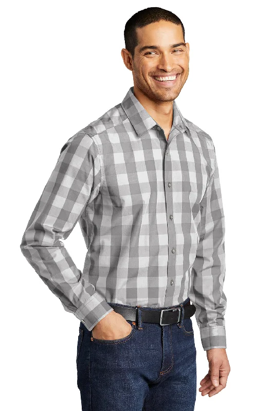 Port Authority Mens Everyday Plaid Long Sleeve Button Down Shirt - Shadow Grey