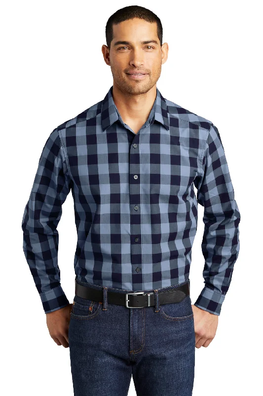 Port Authority Mens Everyday Plaid Long Sleeve Button Down Shirt - True Navy Blue