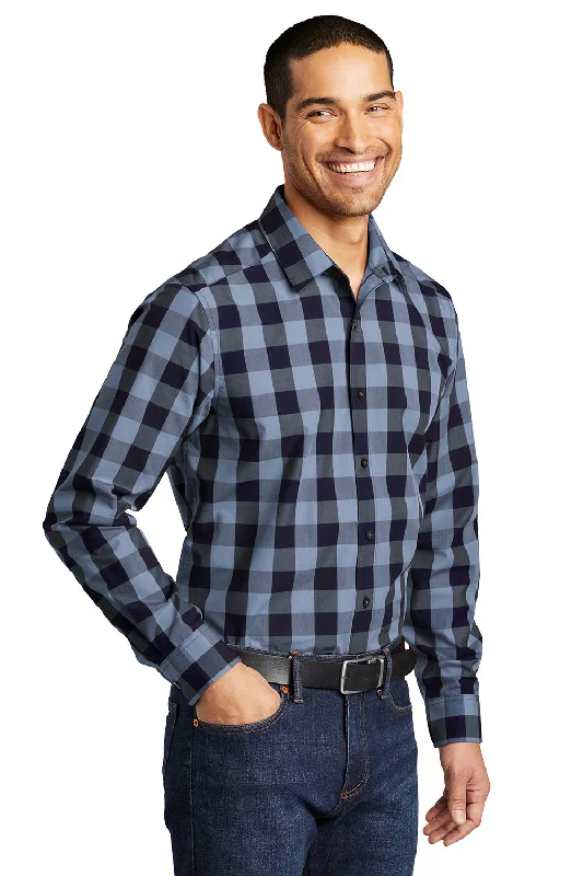 Port Authority Mens Everyday Plaid Long Sleeve Button Down Shirt - True Navy Blue