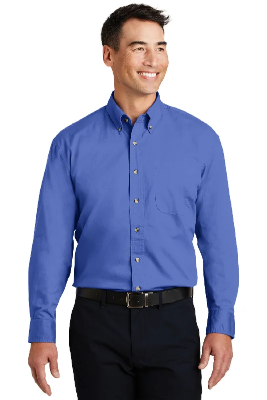 Port Authority Mens Long Sleeve Button Down Shirt w/ Pocket - Faded Blue - Closeout