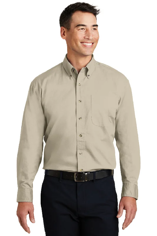 Port Authority Mens Long Sleeve Button Down Shirt w/ Pocket - Stone - Closeout