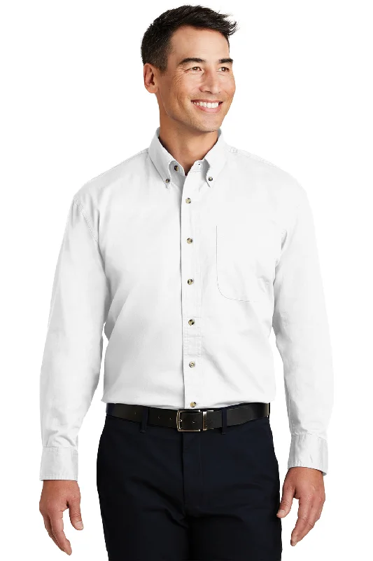 Port Authority Mens Long Sleeve Button Down Shirt w/ Pocket - White - Closeout