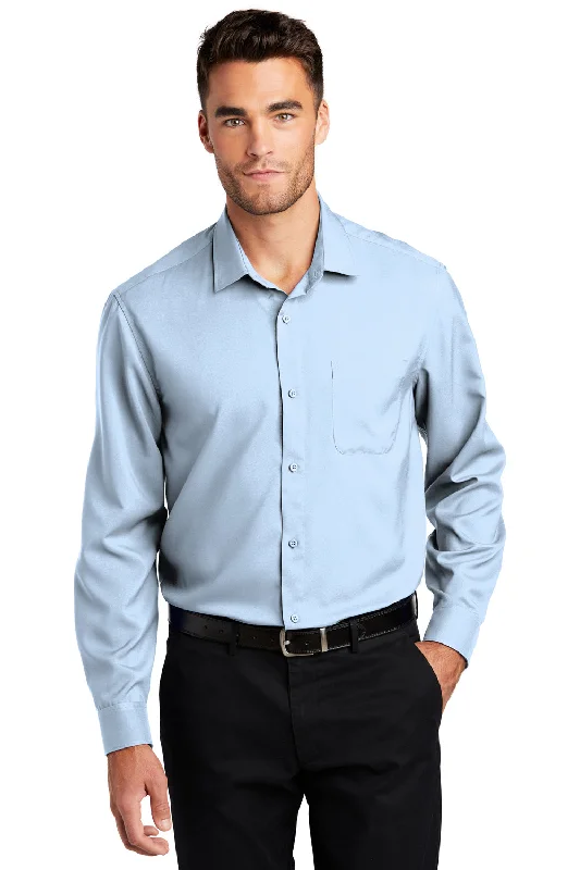 Port Authority Mens Performance Moisture Wicking Long Sleeve Button Down Shirt w/ Pocket - Cloud Blue