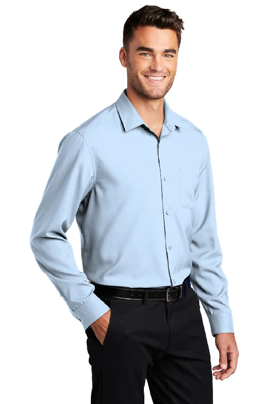 Port Authority Mens Performance Moisture Wicking Long Sleeve Button Down Shirt w/ Pocket - Cloud Blue