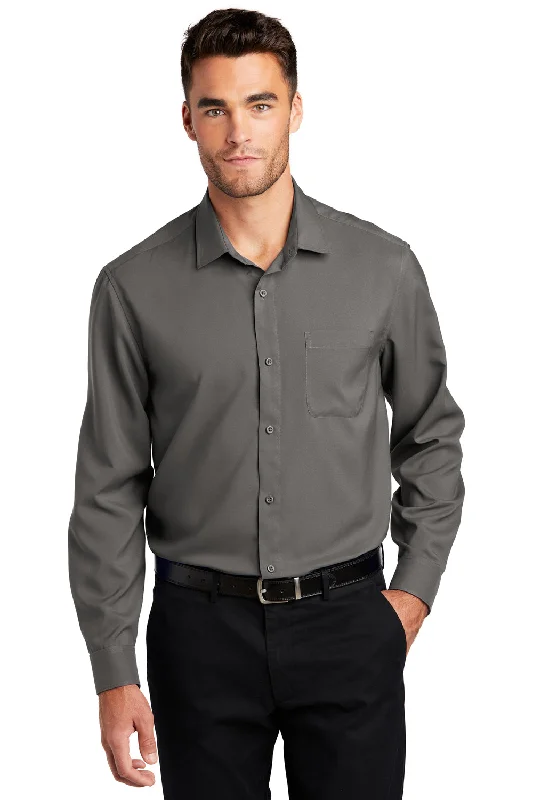 Port Authority Mens Performance Moisture Wicking Long Sleeve Button Down Shirt w/ Pocket - Graphite Grey