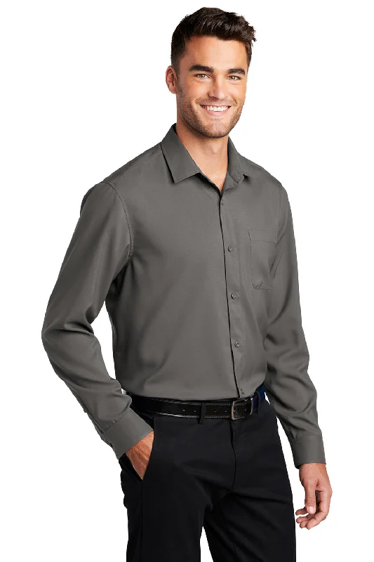 Port Authority Mens Performance Moisture Wicking Long Sleeve Button Down Shirt w/ Pocket - Graphite Grey