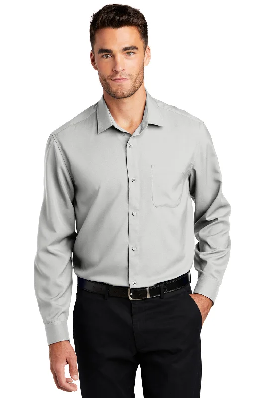 Port Authority Mens Performance Moisture Wicking Long Sleeve Button Down Shirt w/ Pocket - Silver Grey