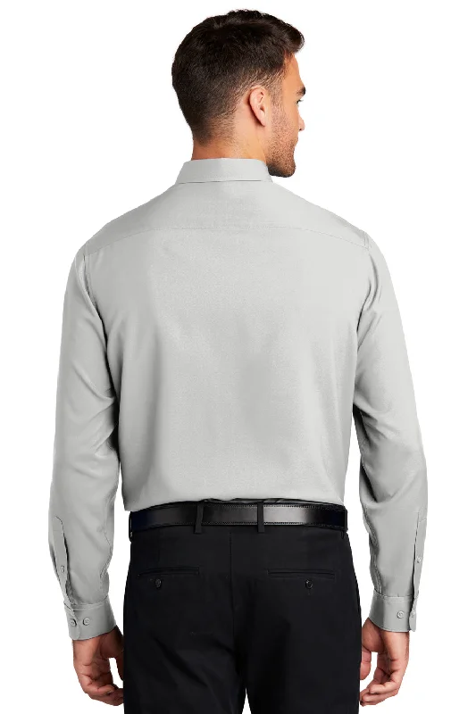 Port Authority Mens Performance Moisture Wicking Long Sleeve Button Down Shirt w/ Pocket - Silver Grey