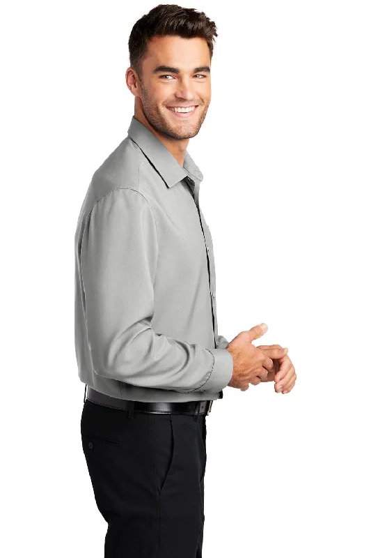 Port Authority Mens Performance Moisture Wicking Long Sleeve Button Down Shirt w/ Pocket - Silver Grey