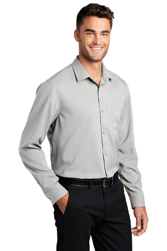 Port Authority Mens Performance Moisture Wicking Long Sleeve Button Down Shirt w/ Pocket - Silver Grey