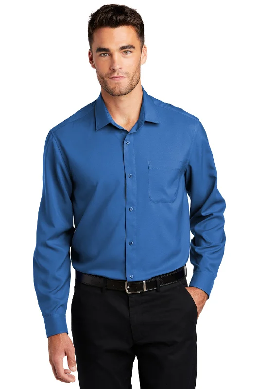 Port Authority Mens Performance Moisture Wicking Long Sleeve Button Down Shirt w/ Pocket - True Blue