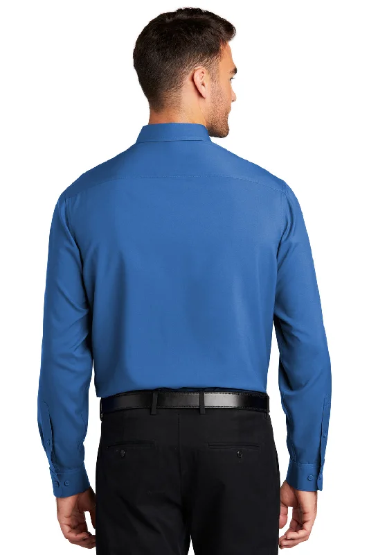 Port Authority Mens Performance Moisture Wicking Long Sleeve Button Down Shirt w/ Pocket - True Blue