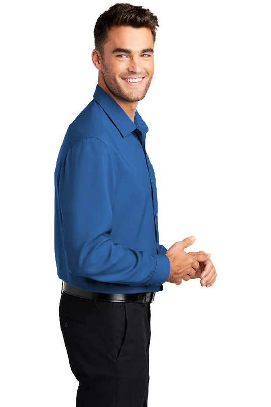 Port Authority Mens Performance Moisture Wicking Long Sleeve Button Down Shirt w/ Pocket - True Blue