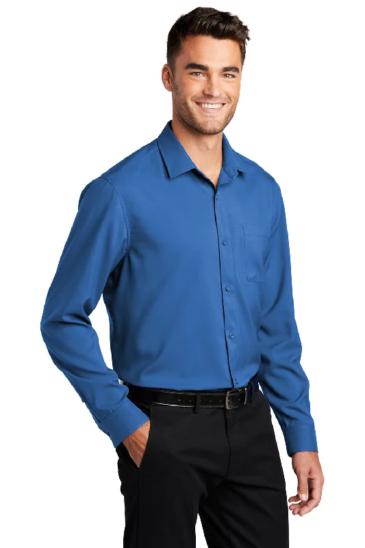 Port Authority Mens Performance Moisture Wicking Long Sleeve Button Down Shirt w/ Pocket - True Blue