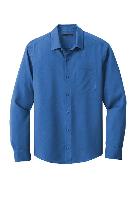 Port Authority Mens Performance Moisture Wicking Long Sleeve Button Down Shirt w/ Pocket - True Blue