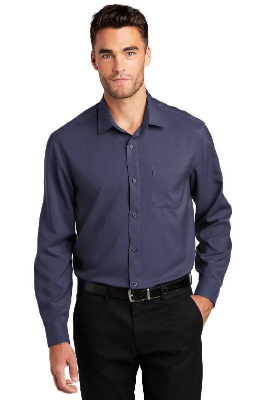 Port Authority Mens Performance Moisture Wicking Long Sleeve Button Down Shirt w/ Pocket - True Navy Blue