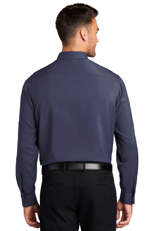 Port Authority Mens Performance Moisture Wicking Long Sleeve Button Down Shirt w/ Pocket - True Navy Blue