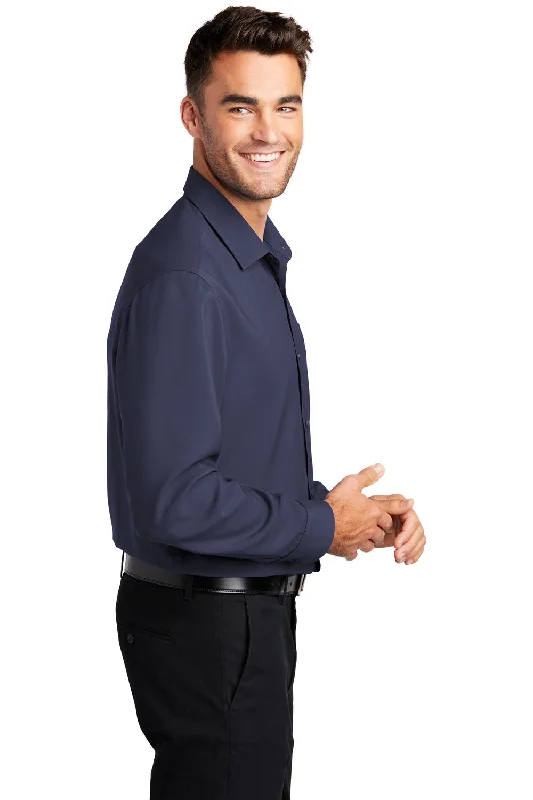 Port Authority Mens Performance Moisture Wicking Long Sleeve Button Down Shirt w/ Pocket - True Navy Blue