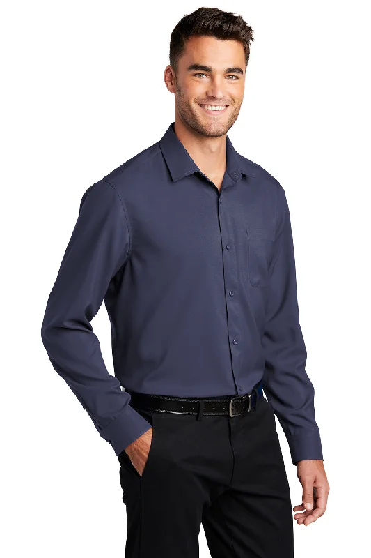 Port Authority Mens Performance Moisture Wicking Long Sleeve Button Down Shirt w/ Pocket - True Navy Blue