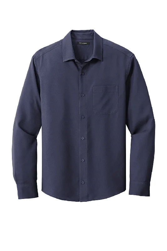 Port Authority Mens Performance Moisture Wicking Long Sleeve Button Down Shirt w/ Pocket - True Navy Blue