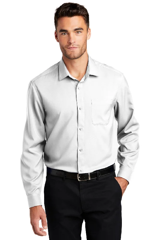 Port Authority Mens Performance Moisture Wicking Long Sleeve Button Down Shirt w/ Pocket - White