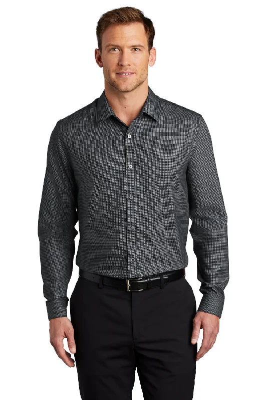 Port Authority Mens Pincheck Wrinkle Resistant Long Sleeve Button Down Shirt - Black/Steel Grey - Closeout