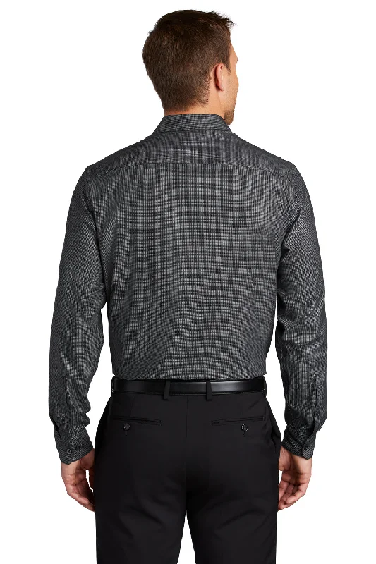 Port Authority Mens Pincheck Wrinkle Resistant Long Sleeve Button Down Shirt - Black/Steel Grey - Closeout