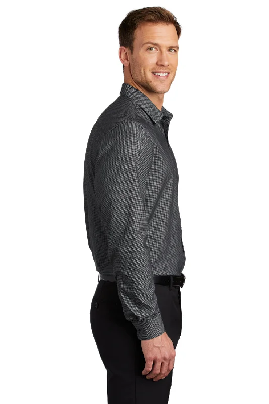 Port Authority Mens Pincheck Wrinkle Resistant Long Sleeve Button Down Shirt - Black/Steel Grey - Closeout