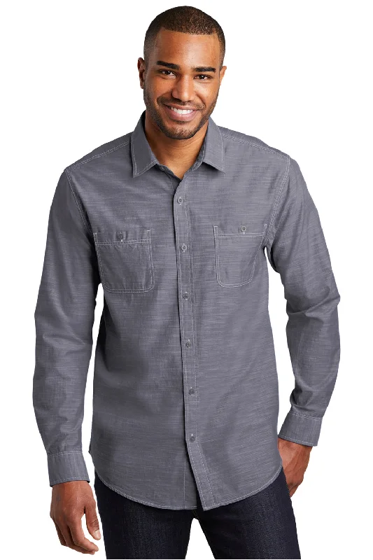 Port Authority Mens Slub Chambray Long Sleeve Button Down Shirt w/ Double Pockets - True Navy Blue