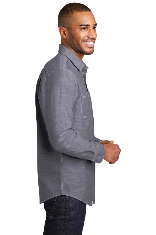 Port Authority Mens Slub Chambray Long Sleeve Button Down Shirt w/ Double Pockets - True Navy Blue