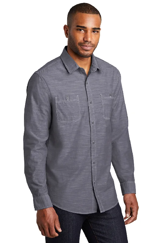 Port Authority Mens Slub Chambray Long Sleeve Button Down Shirt w/ Double Pockets - True Navy Blue