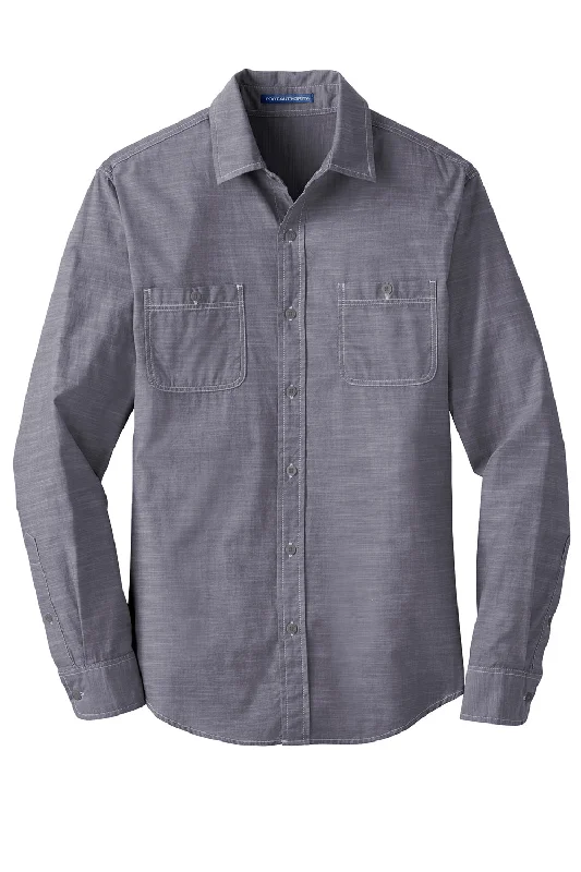 Port Authority Mens Slub Chambray Long Sleeve Button Down Shirt w/ Double Pockets - True Navy Blue