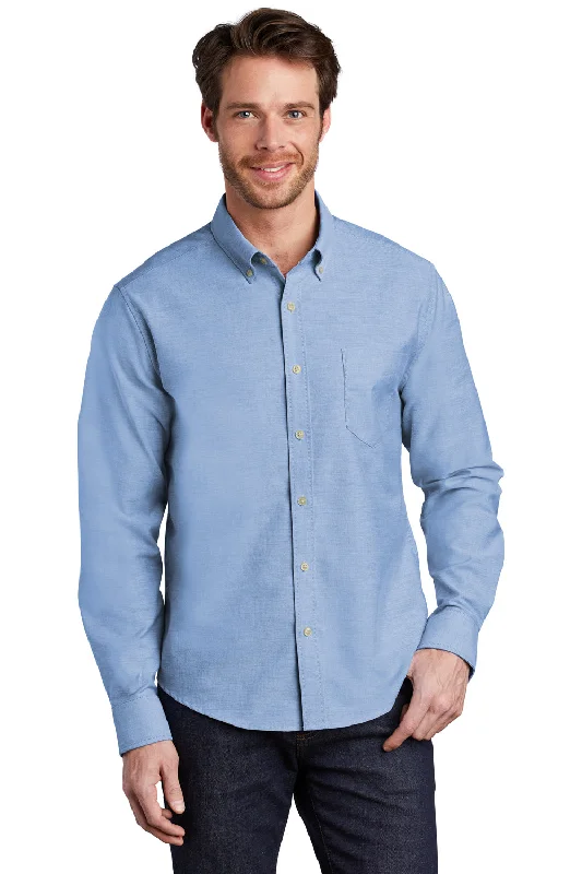 Port Authority Mens SuperPro Wrinkle Resistant Long Sleeve Button Down Shirt w/ Pocket - Oxford Blue